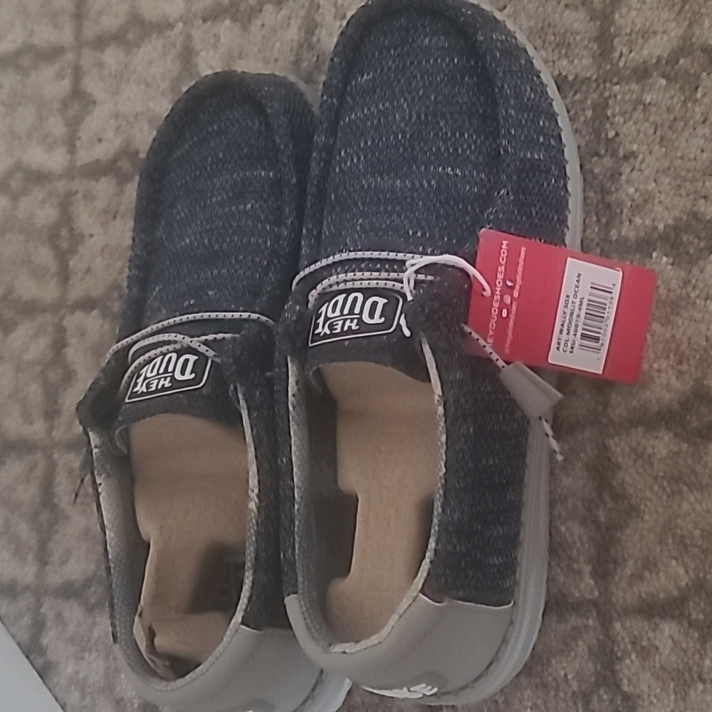 Men's boat shoes, size 10, denim navy with light gray back and stitching around
